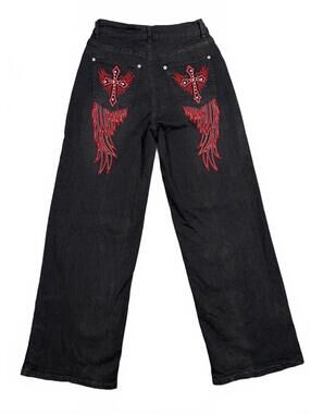 Hot Topic Red Bling Rhinestone Cross & Wing Wide Leg Jeans Size 5 Mall Goth Y2K